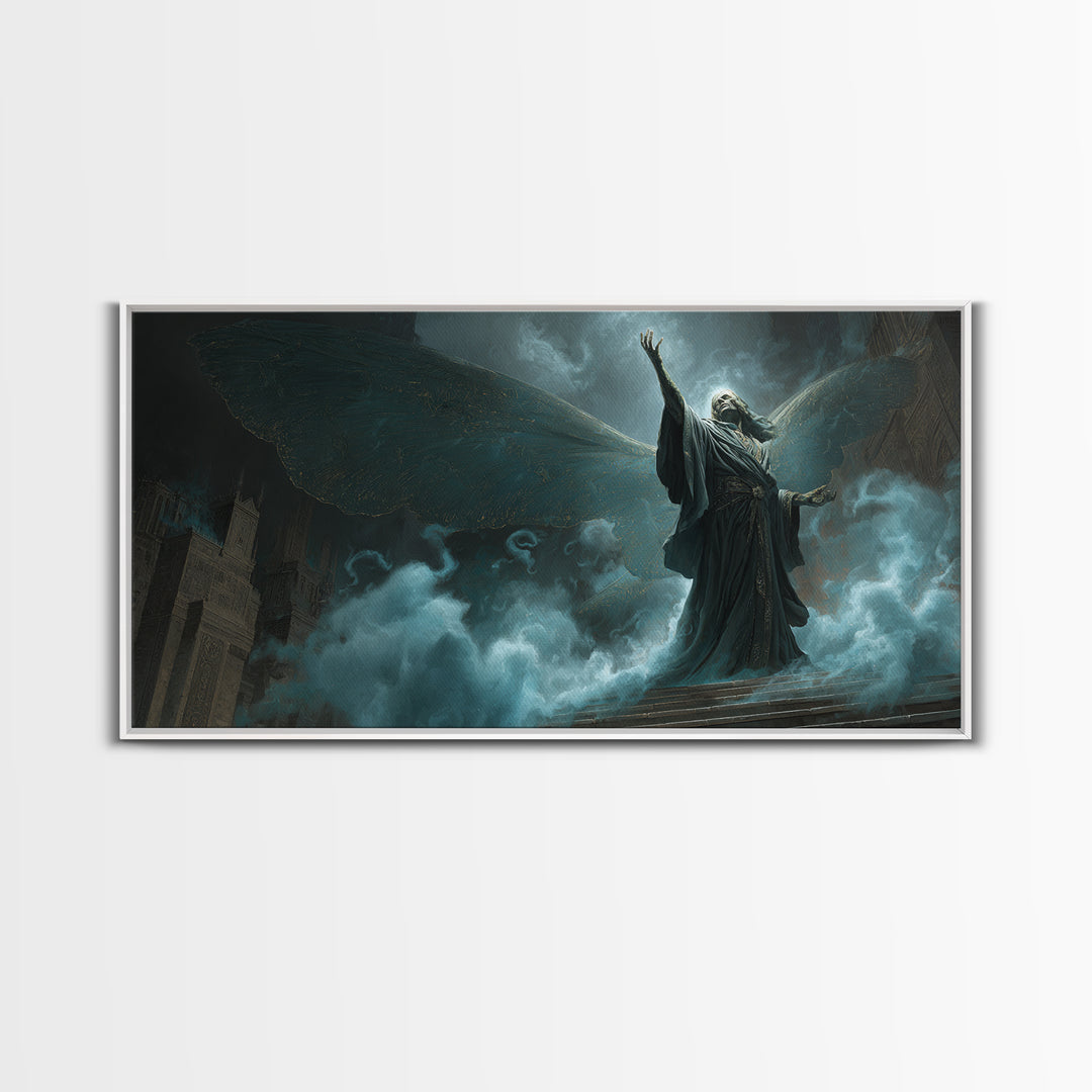 The Moth Prophet Of Kadath, Wide Panoramic Art, Eldritch Gothic Decor, Framed Canvas Print, Halloween Wall Decor, Gothic Home Decor