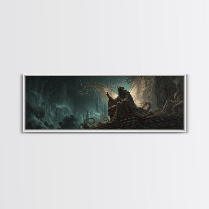 The Moth Prophet Of Kadath, Extra Wide Wall Art, Lovecraftian Horror Art, Canvas Print, Halloween Wall Decor, Gothic Home Decor