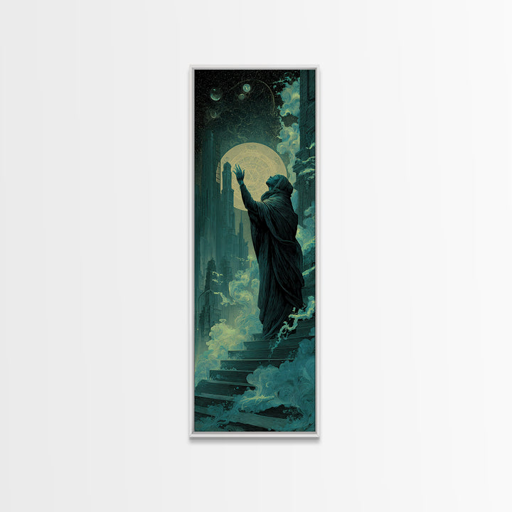 The Moth Prophet Of Kadath, Tall Narrow Wall Art, Macabre Wall Art, Framed Canvas Print, Halloween Wall Decor, Gothic Home Decor