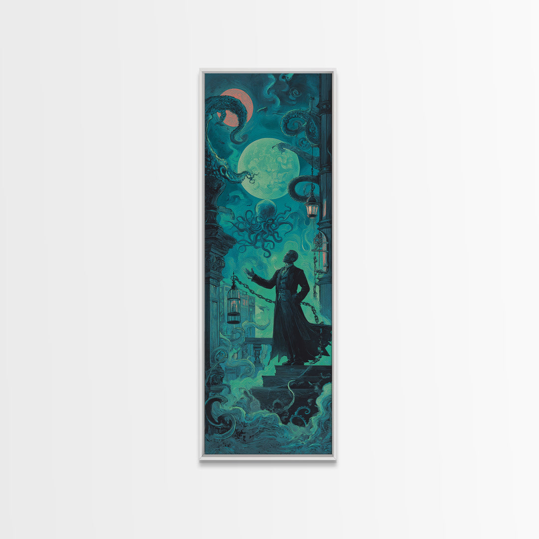 The Moonlit Shoggoth Menagerie, Tall Narrow Wall Art, Spooky Home Decor, Framed Canvas Print, Halloween Wall Decor, Gothic Home Decor