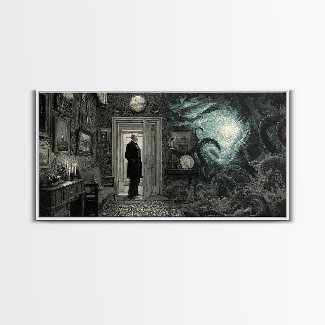 The Thirteenth Door Of Arkham House, Wide Panoramic Art, Gothic Horror Wall Art, Canvas Print, Halloween Wall Decor, Gothic Home Decor