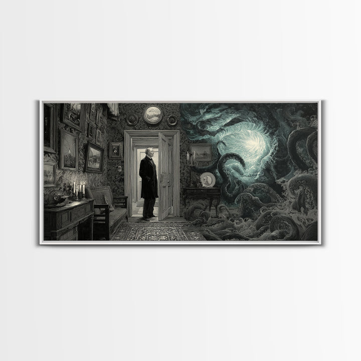 The Thirteenth Door Of Arkham House, Wide Panoramic Art, Gothic Horror Wall Art, Canvas Print, Halloween Wall Decor, Gothic Home Decor