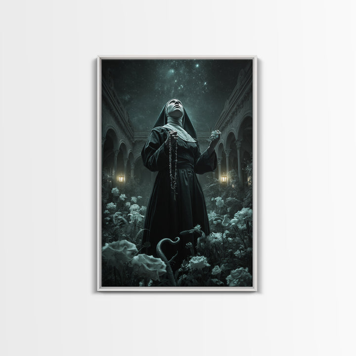The Nun Of The Endless Constellation, Vertical Wall Art, Spooky Home Decor, Framed Canvas Print, Halloween Wall Decor, Gothic Home Decor