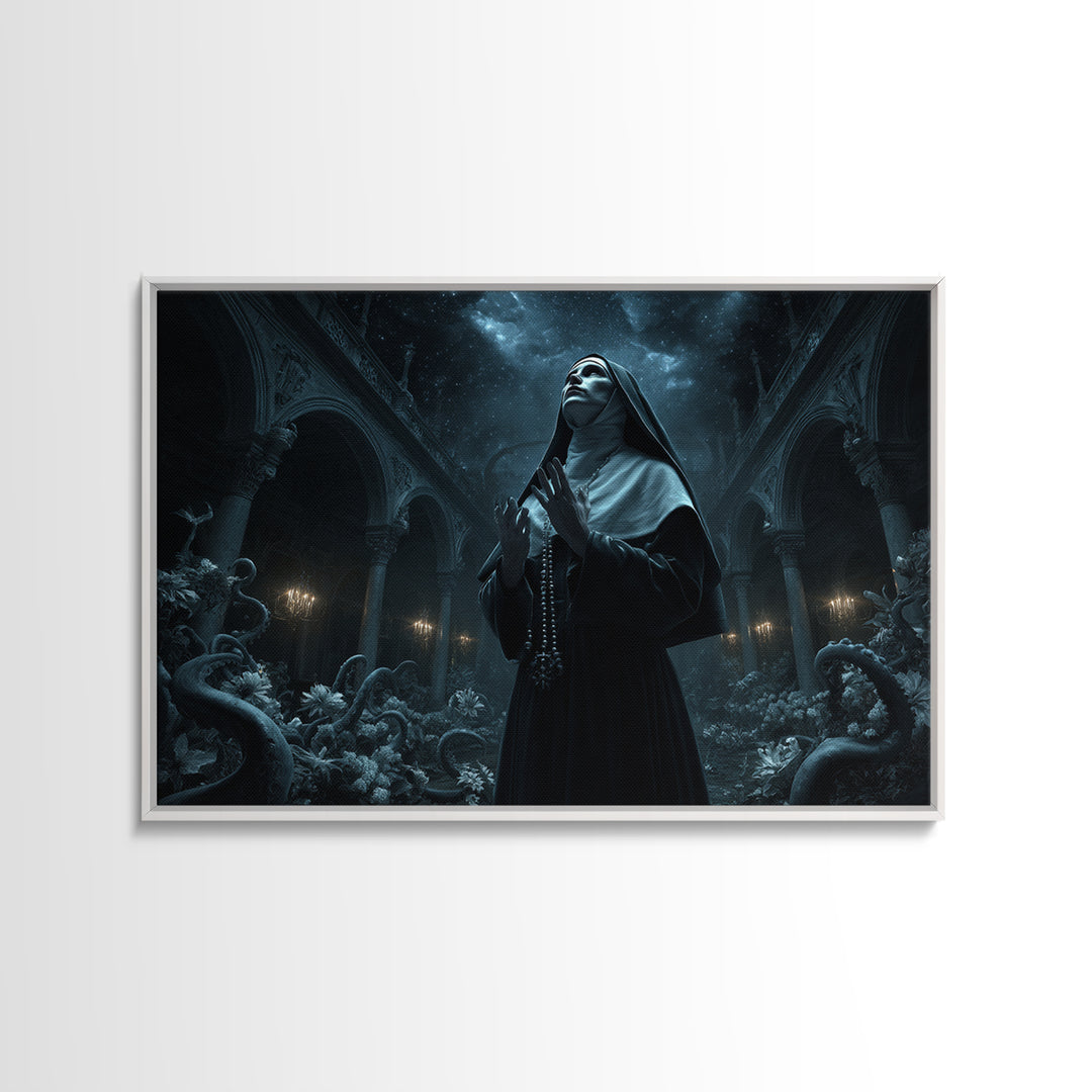 The Nun Of The Endless Constellation, Landscape Wall Art, Dark Halloween Decor, Framed Canvas Print, Halloween Wall Decor, Gothic Home Decor