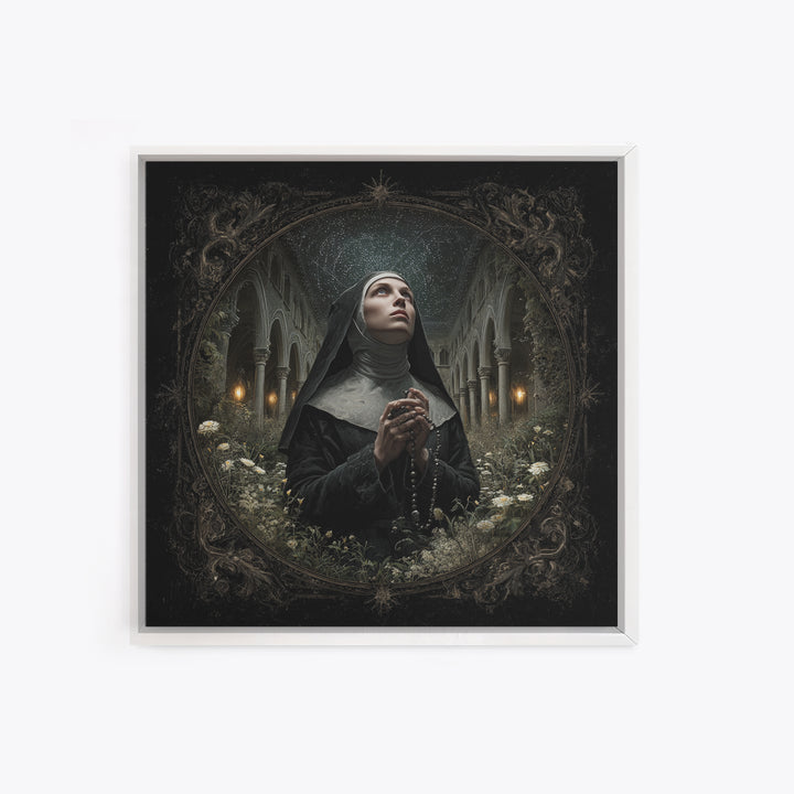 The Nun Of The Endless Constellation, Square Wall Art, Haunted Gothic Art, Framed Canvas Print, Halloween Wall Decor, Gothic Home Decor