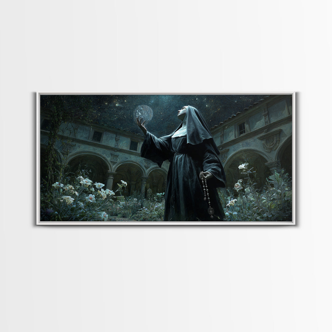 The Nun Of The Endless Constellation, Wide Panoramic Art, Dark Halloween Decor, Canvas Print, Halloween Wall Decor, Gothic Home Decor