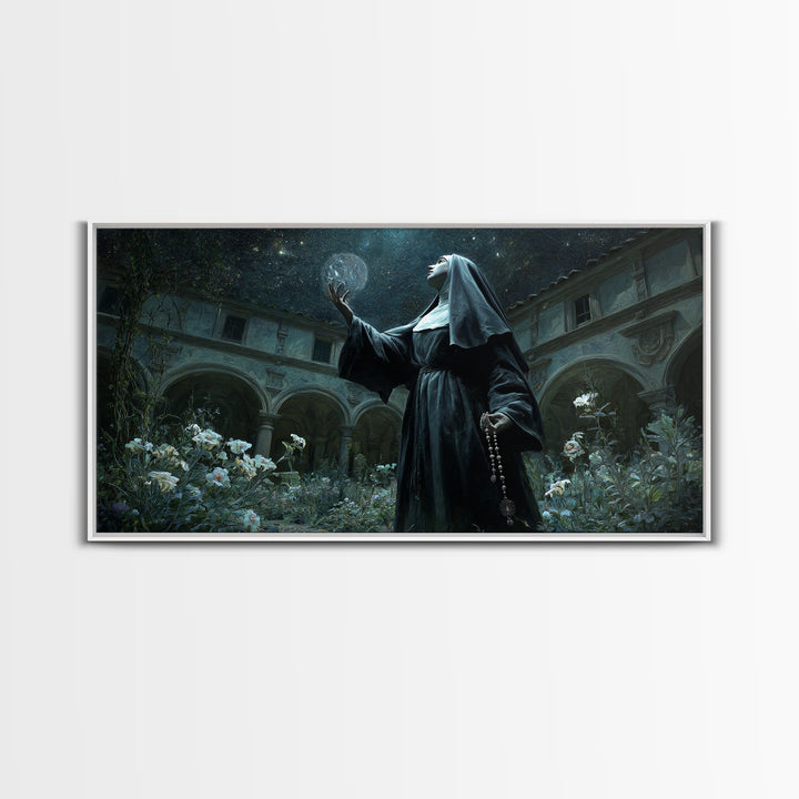 The Nun Of The Endless Constellation, Wide Panoramic Art, Dark Halloween Decor, Canvas Print, Halloween Wall Decor, Gothic Home Decor