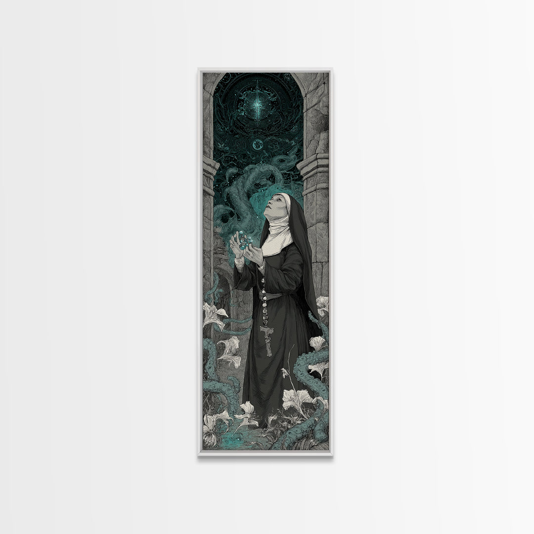 The Nun Of The Endless Constellation, Tall Narrow Wall Art, Haunted Gothic Art, Framed Canvas Print, Halloween Wall Decor, Gothic Home Decor