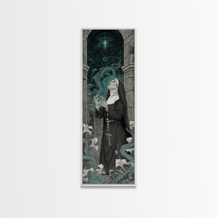 The Nun Of The Endless Constellation, Tall Narrow Wall Art, Haunted Gothic Art, Framed Canvas Print, Halloween Wall Decor, Gothic Home Decor