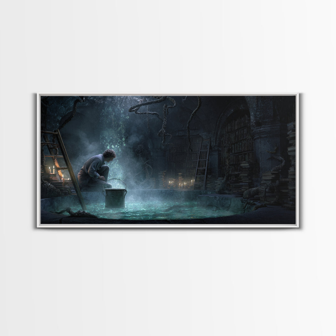 The Dreamwell Beneath Miskatonic, Wide Panoramic Art, Eldritch Gothic Decor, Framed Canvas Print, Halloween Wall Decor, Gothic Home Decor