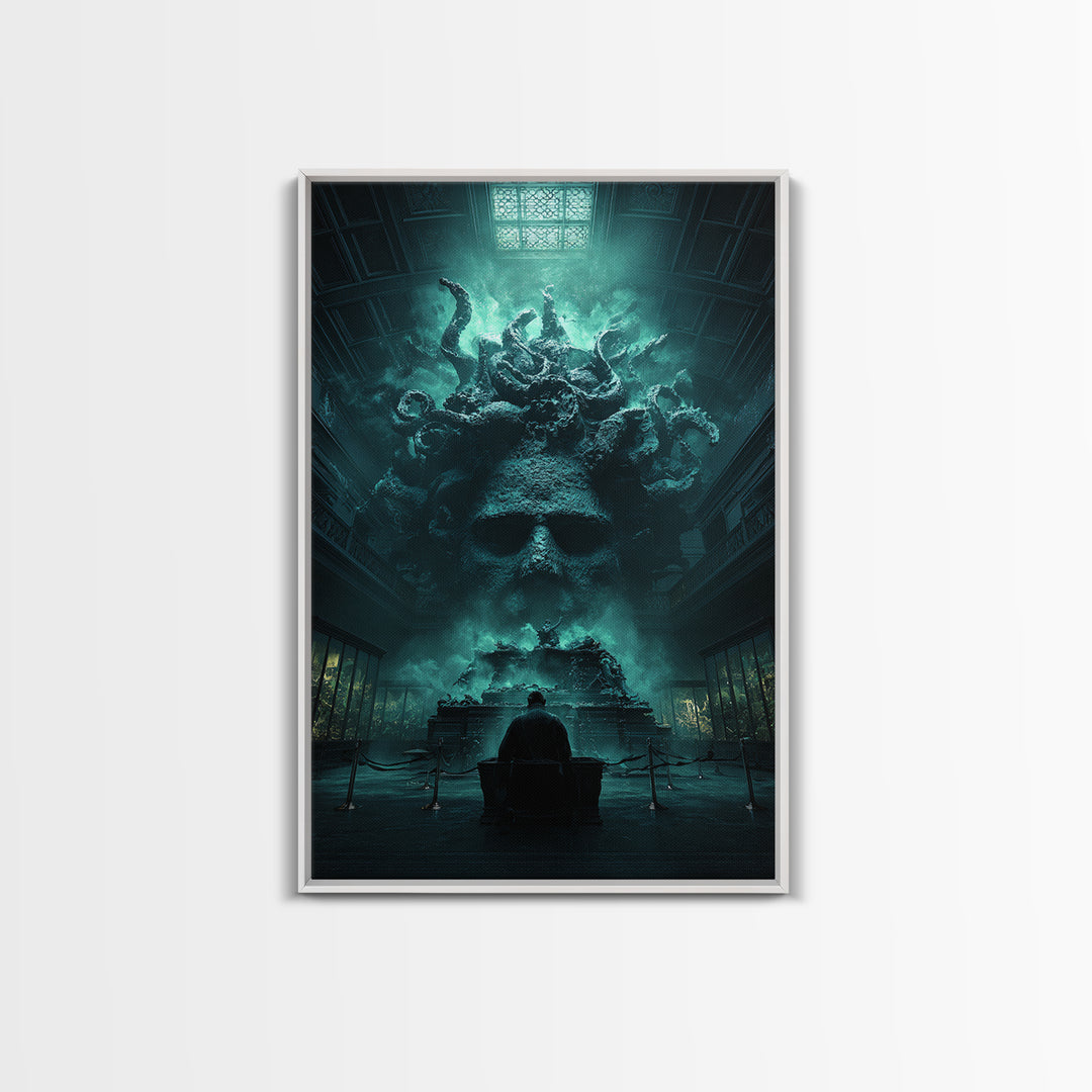 The Custodian Of The Whispering Idol, Vertical Wall Art, Lovecraftian Horror Art, Framed Canvas Print, Halloween Wall Decor