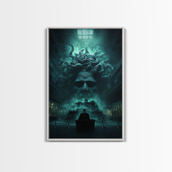 The Custodian Of The Whispering Idol, Vertical Wall Art, Lovecraftian Horror Art, Framed Canvas Print, Halloween Wall Decor
