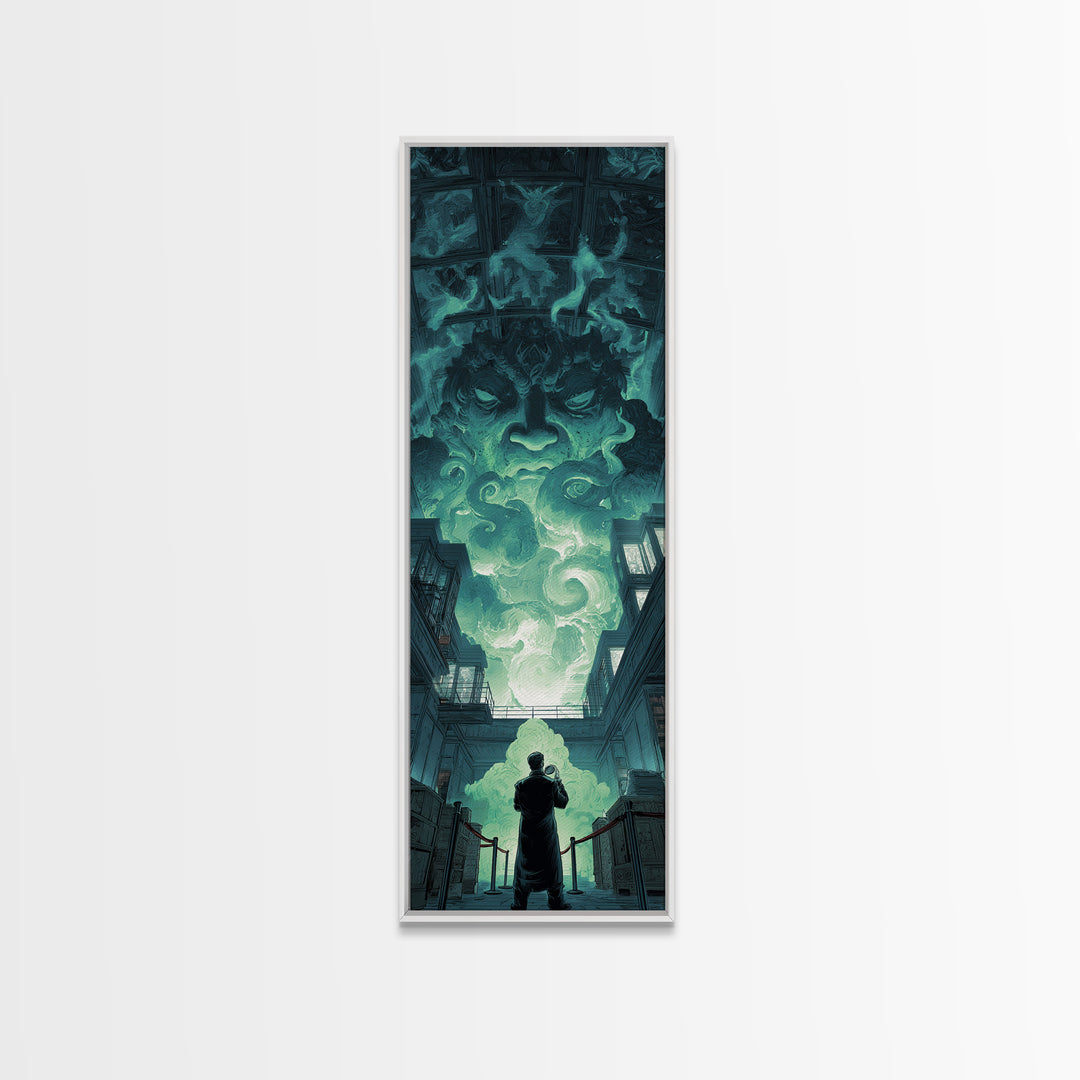 The Custodian Of The Whispering Idol, Tall Narrow Wall Art, Dark Halloween Decor, Framed Canvas Print, Halloween Wall Decor
