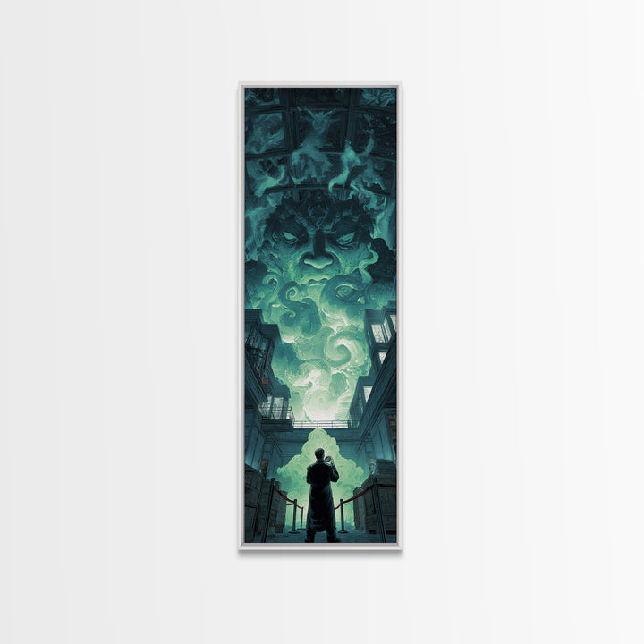 The Custodian Of The Whispering Idol, Tall Narrow Wall Art, Dark Halloween Decor, Framed Canvas Print, Halloween Wall Decor