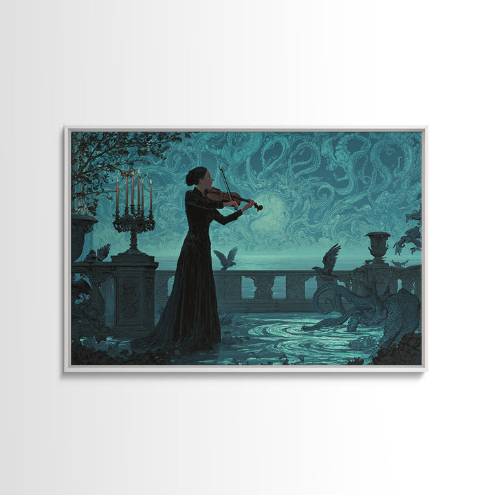 The Violinist Of The Drowned Moon, Landscape Wall Art, Gothic Horror Wall Art, Framed Canvas Print, Halloween Wall Decor, Gothic Home Decor