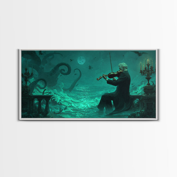 The Violinist Of The Drowned Moon, Wide Panoramic Art, Spooky Home Decor, Framed Canvas Print, Halloween Wall Decor, Gothic Home Decor