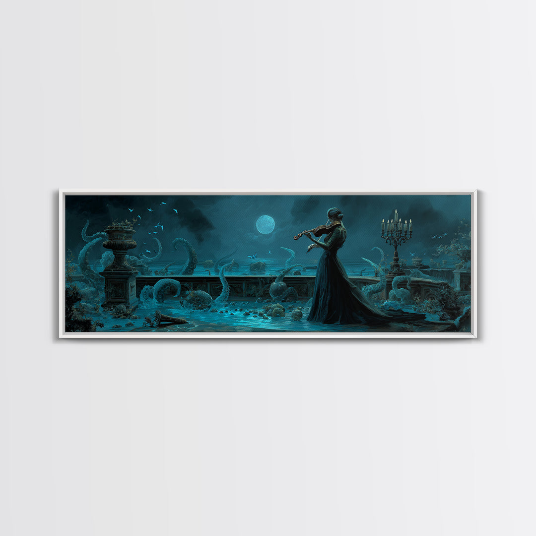 The Violinist Of The Drowned Moon, Extra Wide Wall Art, Haunted Gothic Art, Framed Canvas Print, Halloween Wall Decor, Gothic Home Decor