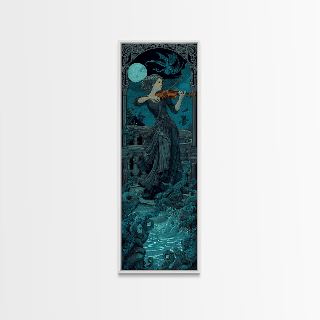 The Violinist Of The Drowned Moon, Tall Narrow Wall Art, Spooky Home Decor, Canvas Print, Halloween Wall Decor, Gothic Home Decor