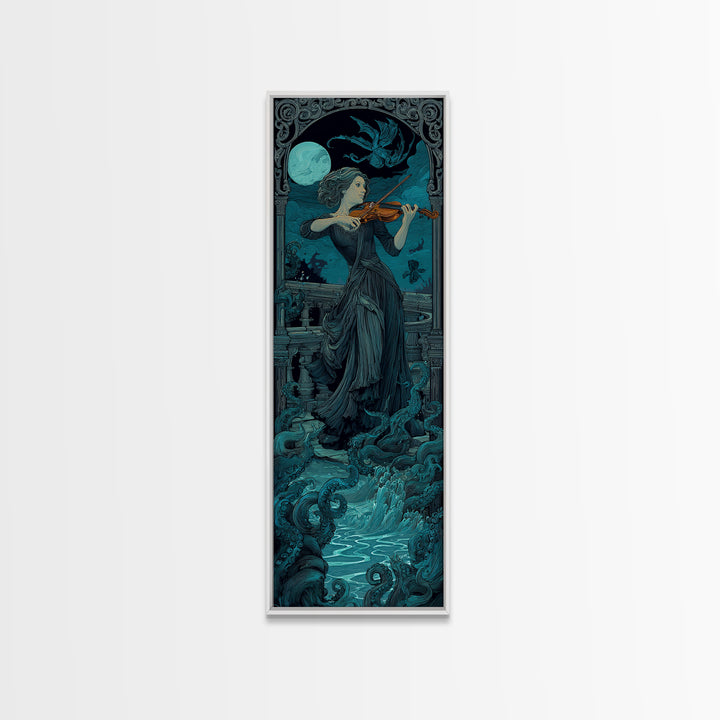 The Violinist Of The Drowned Moon, Tall Narrow Wall Art, Spooky Home Decor, Canvas Print, Halloween Wall Decor, Gothic Home Decor