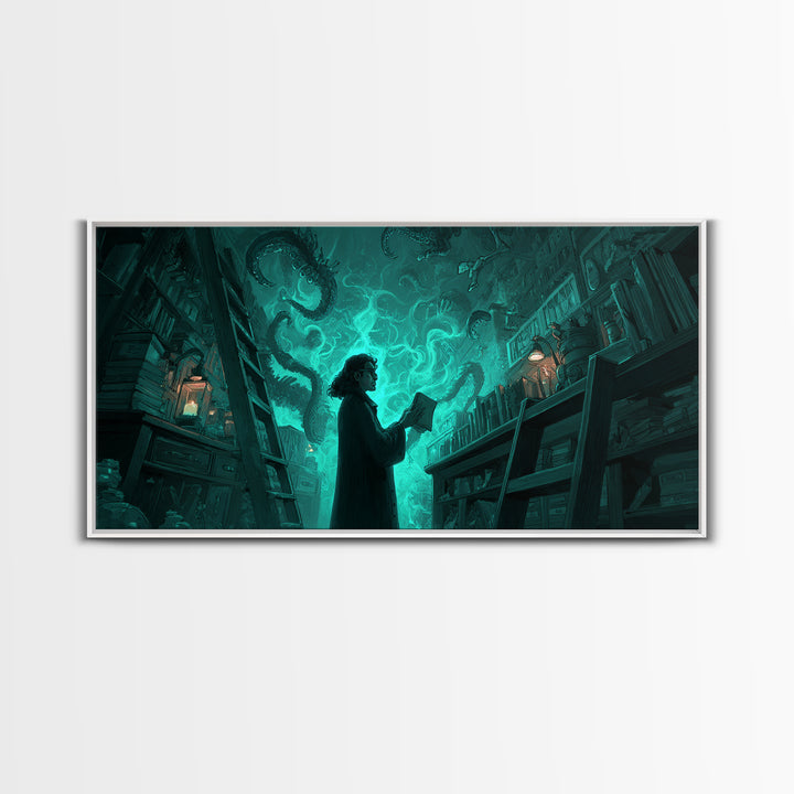 The Archivist Of Dreaming Bones, Wide Panoramic Art, Gothic Horror Wall Art, Framed Canvas Print, Halloween Wall Decor, Gothic Home Decor