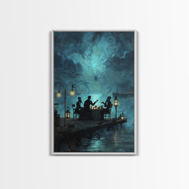 The Tea Party At Innsmouth Pier, Vertical Wall Art, Gothic Horror Wall Art, Canvas Print, Halloween Wall Decor, Gothic Home Decor
