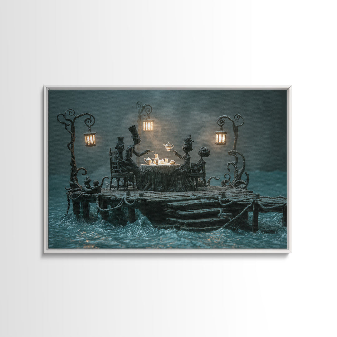 The Tea Party At Innsmouth Pier, Landscape Wall Art, Spooky Home Decor, Framed Canvas Print, Halloween Wall Decor, Gothic Home Decor