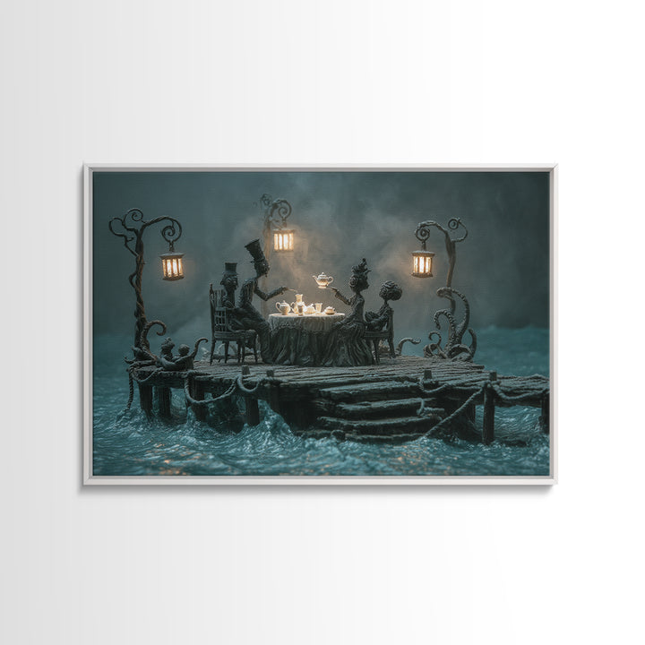 The Tea Party At Innsmouth Pier, Landscape Wall Art, Spooky Home Decor, Framed Canvas Print, Halloween Wall Decor, Gothic Home Decor
