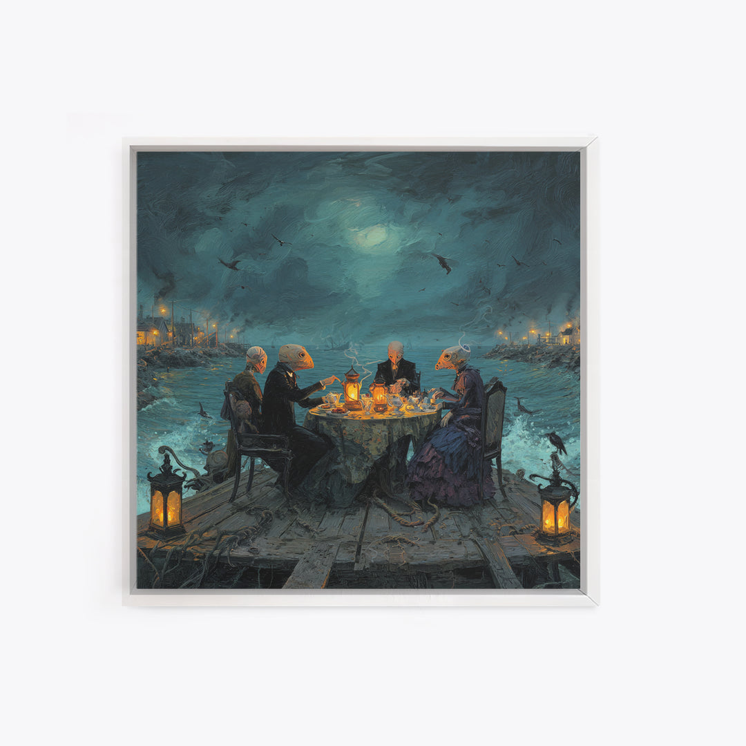 The Tea Party At Innsmouth Pier, Square Wall Art, Lovecraftian Horror Art, Framed Canvas Print, Halloween Wall Decor, Gothic Home Decor
