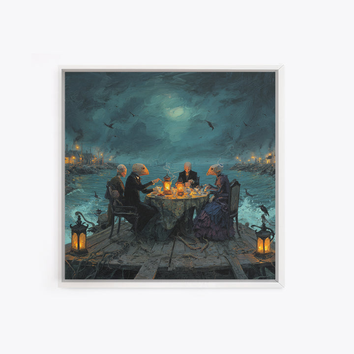 The Tea Party At Innsmouth Pier, Square Wall Art, Lovecraftian Horror Art, Framed Canvas Print, Halloween Wall Decor, Gothic Home Decor