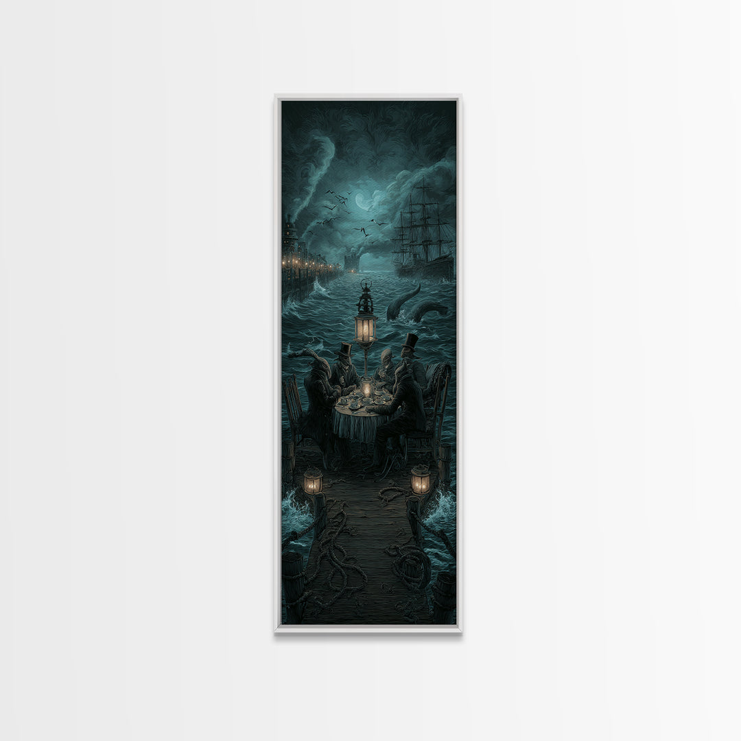 The Tea Party At Innsmouth Pier, Tall Narrow Wall Art, Dark Halloween Decor, Canvas Print, Halloween Wall Decor, Gothic Home Decor