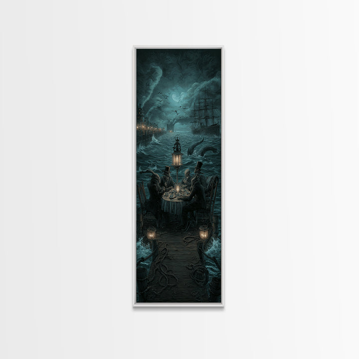 The Tea Party At Innsmouth Pier, Tall Narrow Wall Art, Dark Halloween Decor, Canvas Print, Halloween Wall Decor, Gothic Home Decor