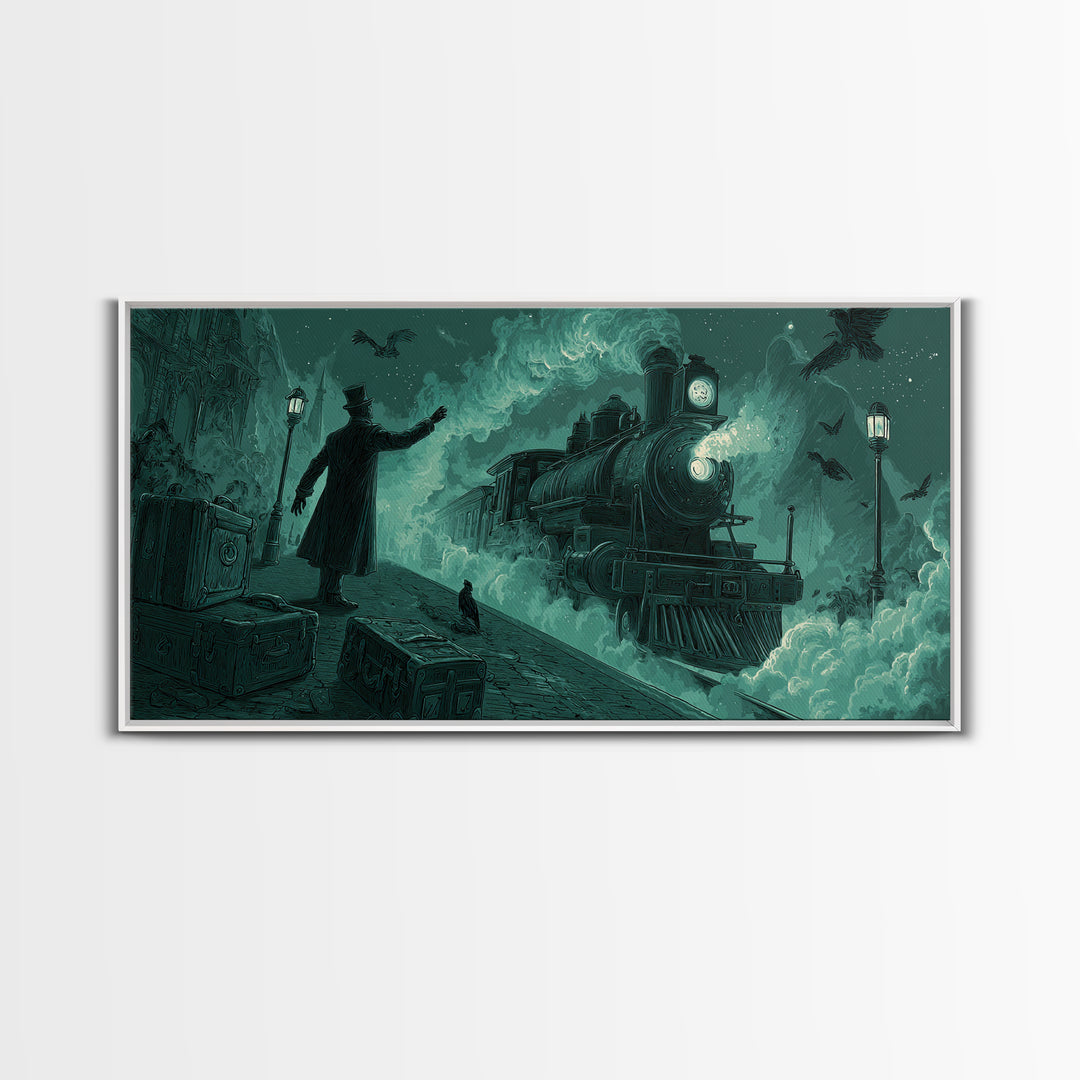 The Phantom Train To Kadath, Wide Panoramic Art, Macabre Wall Art, Framed Canvas Print, Halloween Wall Decor, Gothic Home Decor