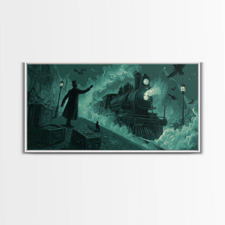 The Phantom Train To Kadath, Wide Panoramic Art, Macabre Wall Art, Framed Canvas Print, Halloween Wall Decor, Gothic Home Decor