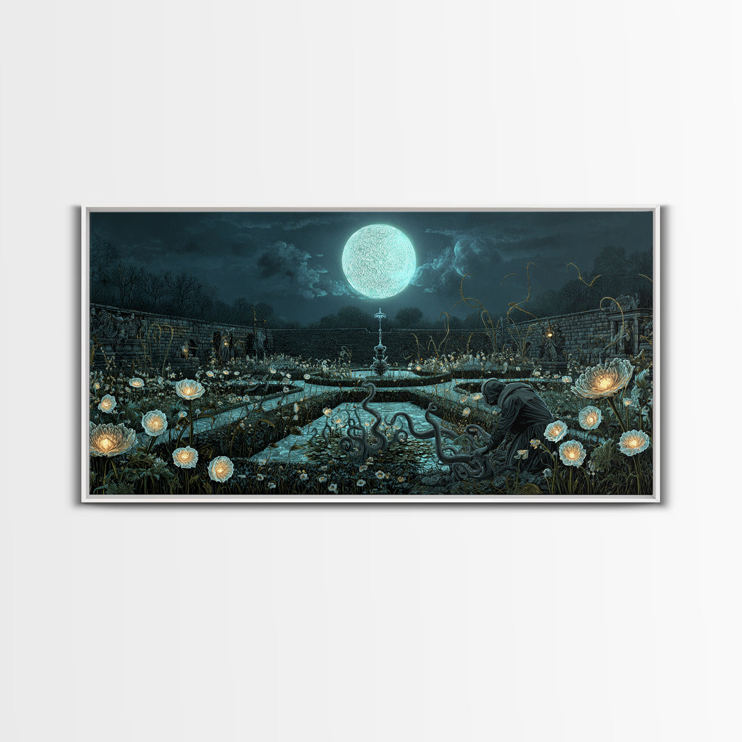 The Garden Of The Eyeless Moon, Wide Panoramic Art, Gothic Horror Wall Art, Canvas Print, Halloween Wall Decor, Gothic Home Decor