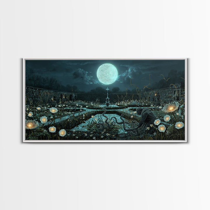 The Garden Of The Eyeless Moon, Wide Panoramic Art, Gothic Horror Wall Art, Canvas Print, Halloween Wall Decor, Gothic Home Decor