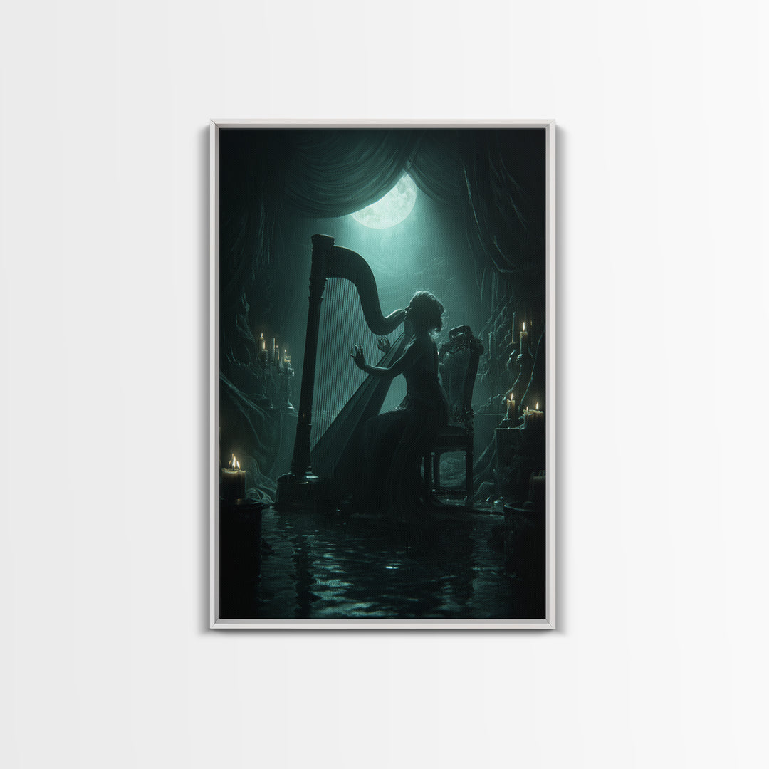 The Harpist Of Abyssal Sleep, Vertical Wall Art, Haunted Gothic Art, Canvas Print, Halloween Wall Decor, Gothic Home Decor