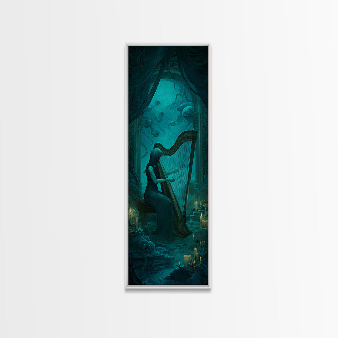 The Harpist Of Abyssal Sleep, Tall Narrow Wall Art, Dark Halloween Decor, Framed Canvas Print, Halloween Wall Decor, Gothic Home Decor