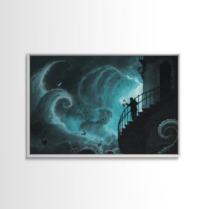 The Last Lighthouse Of Y’Ha-Nthlei, Landscape Wall Art, Macabre Wall Art, Framed Canvas Print, Halloween Wall Decor, Gothic Home Decor