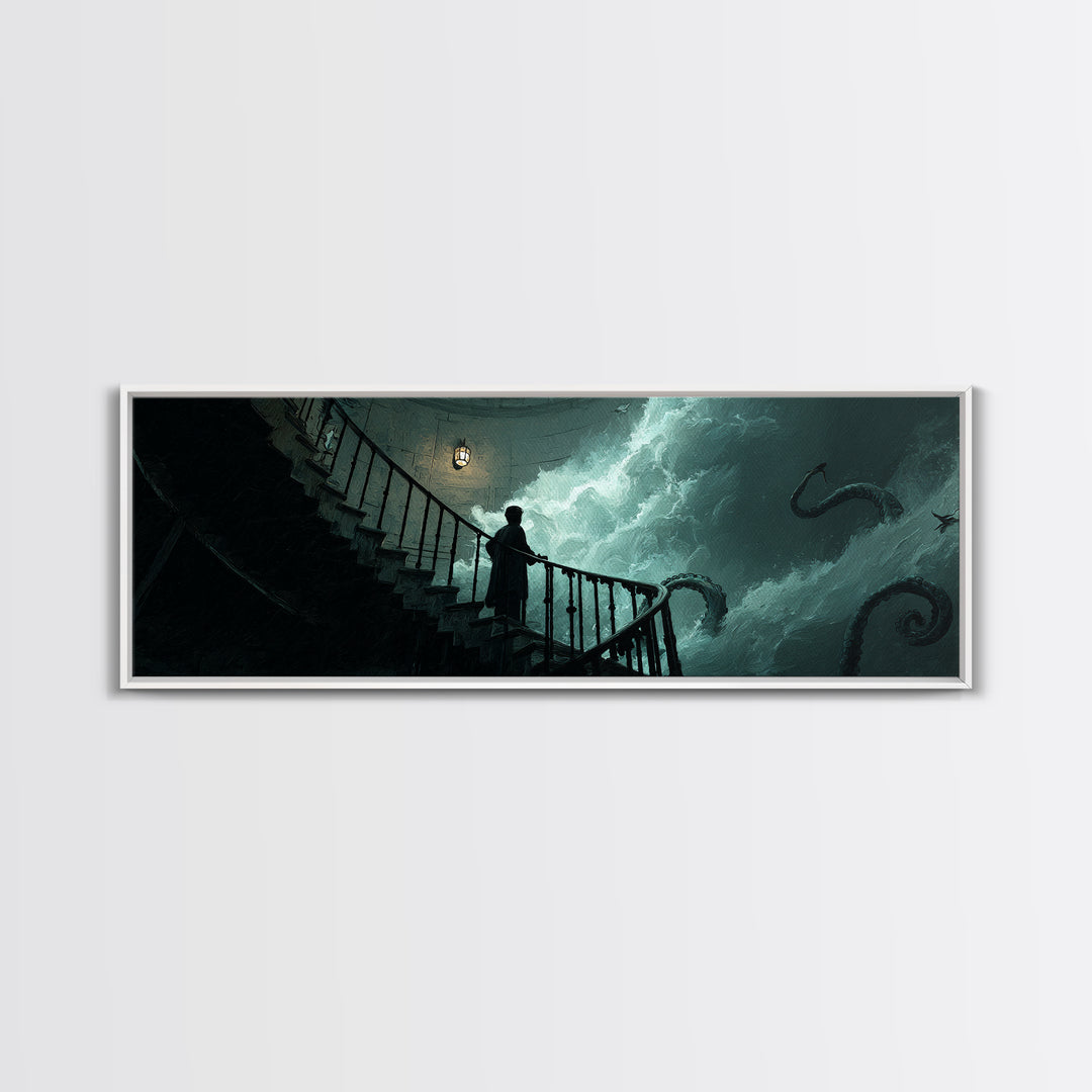 The Last Lighthouse Of Y’Ha-Nthlei, Extra Wide Wall Art, Lovecraftian Horror Art, Canvas Print, Halloween Wall Decor, Gothic Home Decor