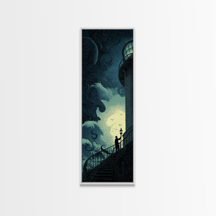 The Last Lighthouse Of Y’Ha-Nthlei, Tall Narrow Wall Art, Dark Fantasy Wall Art, Canvas Print, Halloween Wall Decor, Gothic Home Decor