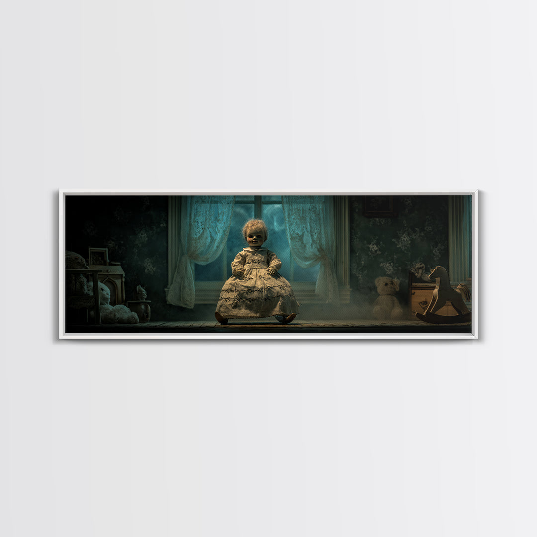 The Doll From Beyond The Void, Extra Wide Wall Art, Spooky Home Decor, Framed Canvas Print, Halloween Wall Decor, Gothic Home Decor