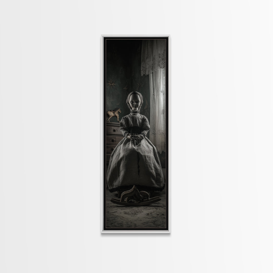 The Doll From Beyond The Void, Tall Narrow Wall Art, Lovecraftian Horror Art, Framed Canvas Print, Halloween Wall Decor, Gothic Home Decor
