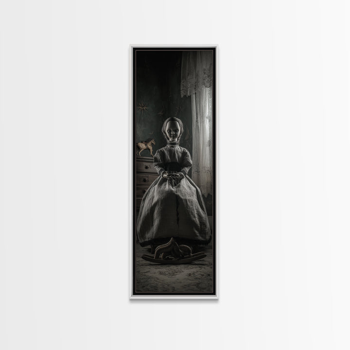 The Doll From Beyond The Void, Tall Narrow Wall Art, Lovecraftian Horror Art, Framed Canvas Print, Halloween Wall Decor, Gothic Home Decor
