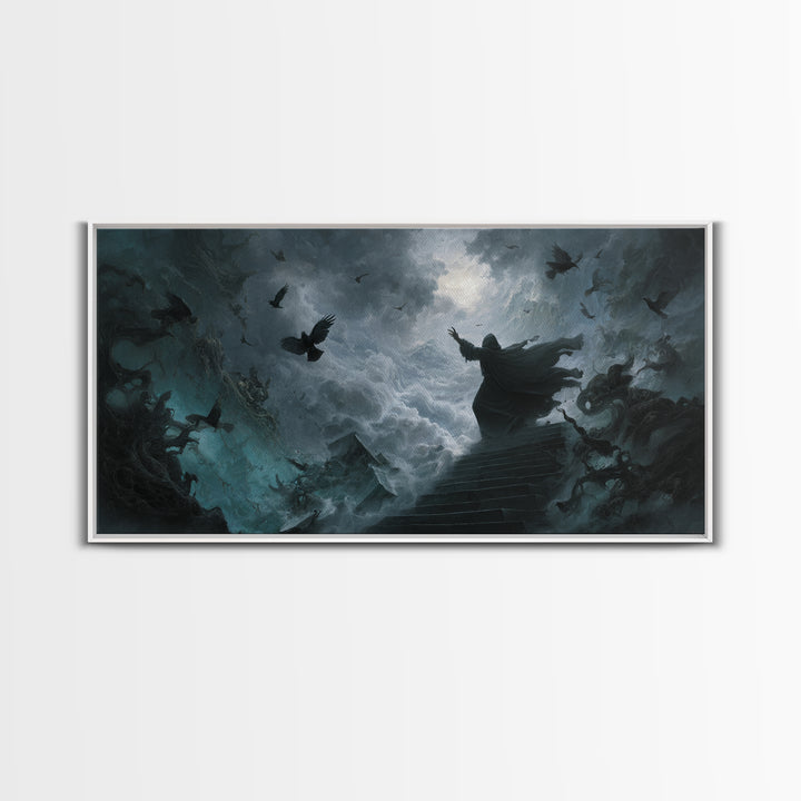 The Raven Sermon Of Leng, Wide Panoramic Art, Lovecraftian Horror Art, Canvas Print, Halloween Wall Decor, Gothic Home Decor