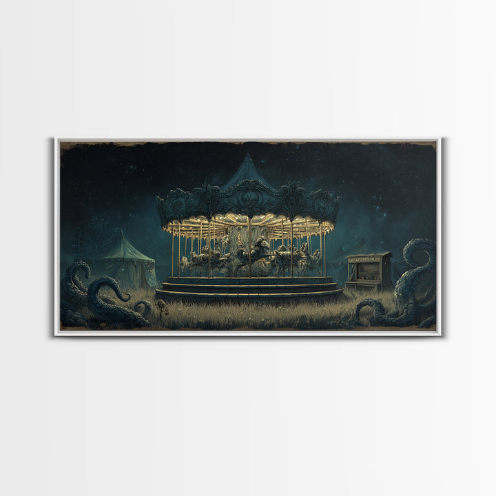 The Carousel Of Sleeping Planets, Wide Panoramic Art, Lovecraftian Horror Art, Canvas Print, Halloween Wall Decor, Gothic Home Decor