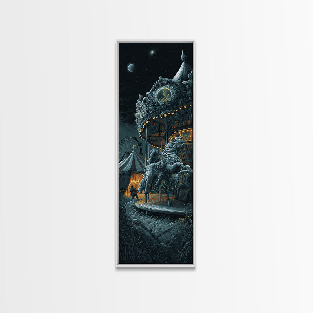 The Carousel Of Sleeping Planets, Tall Narrow Wall Art, Eldritch Gothic Decor, Framed Canvas Print, Halloween Wall Decor, Gothic Home Decor