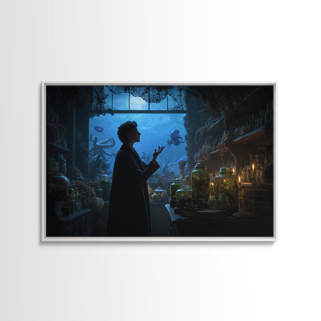 The Apothecary Of Black Seashell Dreams, Landscape Wall Art, Eldritch Gothic Decor, Framed Canvas Print, Halloween Wall Decor