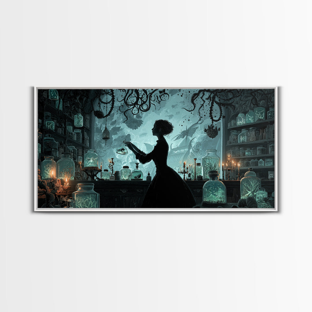 The Apothecary Of Black Seashell Dreams, Wide Panoramic Art, Cosmic Horror Wall Art, Canvas Print, Halloween Wall Decor, Gothic Home Decor
