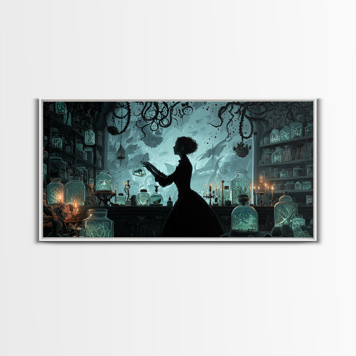 The Apothecary Of Black Seashell Dreams, Wide Panoramic Art, Cosmic Horror Wall Art, Canvas Print, Halloween Wall Decor, Gothic Home Decor