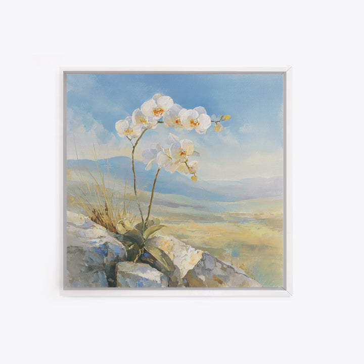 White Orchid on Stone Background Framed Canvas Print, Dental Office Art, Printable Wall Art, Office Decor, Fine Art, Calm, DOA-1x1-12